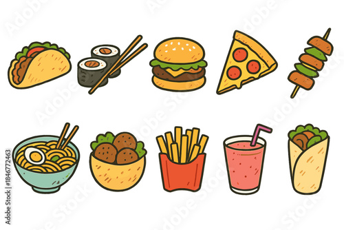 Food and beverage icon set. Delicious, outline style collection of food icons