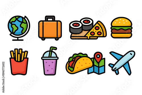Travel and food icon set. Flat icons featuring travel, cuisine, and adventure