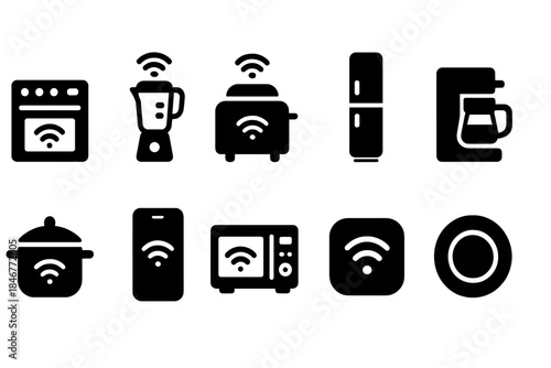 Smart kitchen appliances icon set. Modern, smart home devices in silhouette style.