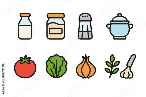 Cooking essentials flat icon set. Ingredients, kitchen tools flat icons collection