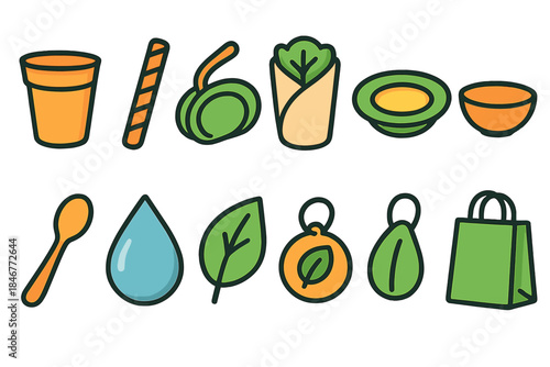 Eco-friendly, sustainability icon set. Reusable, green lifestyle icons outline collection