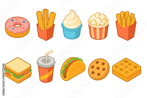 Fast food icon set. 3D icons of burgers, tacos, fries, drinks, and more.