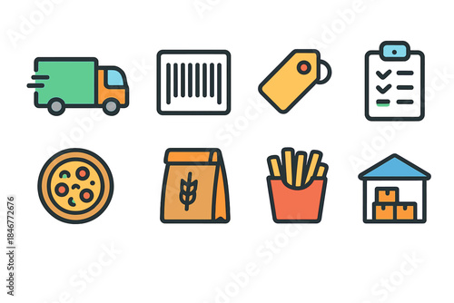 Delivery and logistics flat icon set. Warehousing, shipping, packaging symbols collection