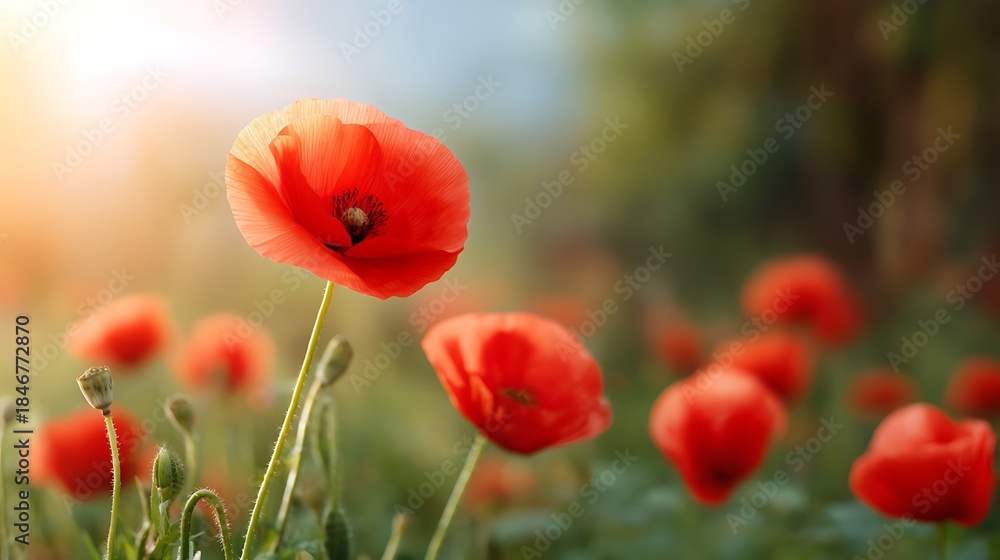 Fototapeta premium Vibrant field of red poppy flowers under a clear sky
