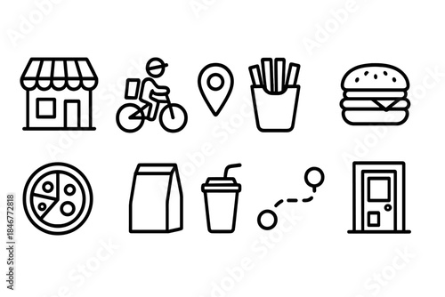 Food delivery linear icon set. Fast food, restaurant, delivery, takeaway outline icons.