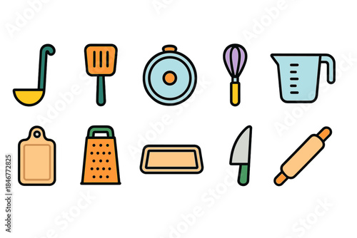Cooking and kitchen tools icon set. Essential flat icons collection for culinary design