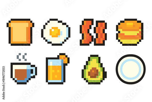 Breakfast icon set: pixel style for food lovers. Eggs, toast, coffee pixel collection