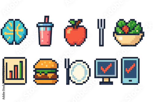 Food and nutrition icon set in pixel style. Healthy eating, meal planning icons collection