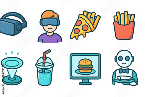 Food and technology filled icon set. Fun and vibrant drawings collection.