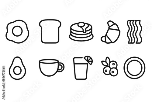 Breakfast icons line set: eggs, toast, pancakes, coffee, juice, croissant, bacon outline