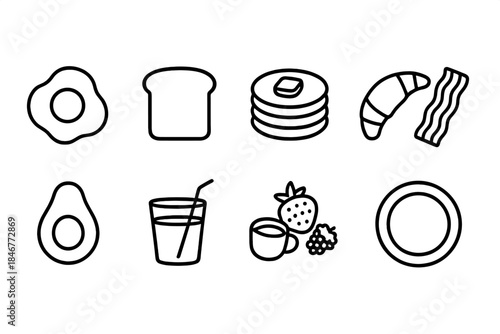 Breakfast food outline icon set for menu and recipes: eggs, toast, juice, fruit, more