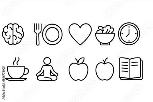 Healthy lifestyle outline icon set: nutrition, fitness, wellness, meditation icons collection
