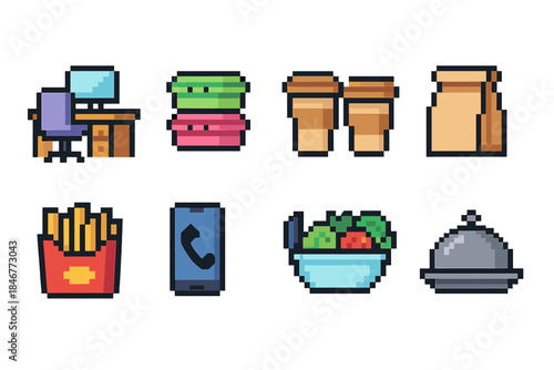 Food packaging icon set. Pixel style icons for delivery and takeout