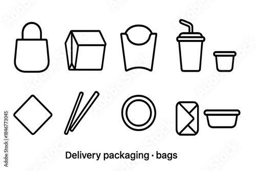 Delivery packaging outline icon set. Food, drink, container line icons collection