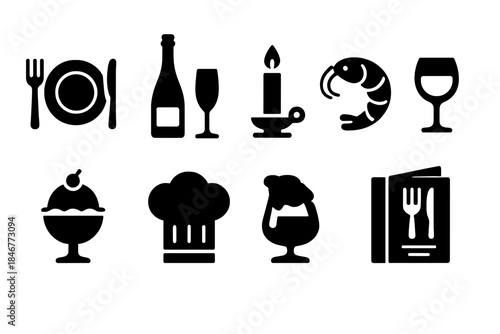 Dining and beverage solid icon set. Culinary and restaurant icons collection