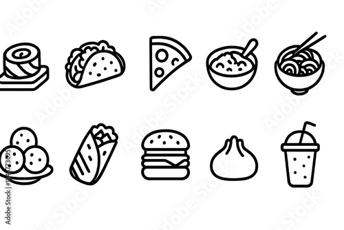 Fast food outline icon set. Burger, pizza, sushi, taco outlined icons collection