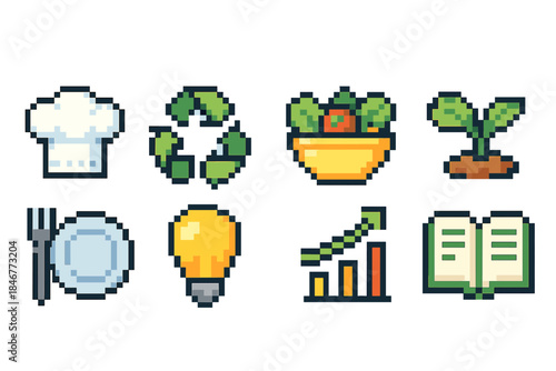 Food and eco-friendly pixel icon set. Culinary, sustainability in pixelated graphics