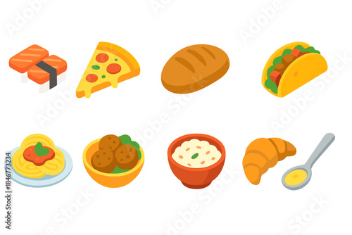 Food and cuisine icon set. Flat style collection of international food icons.