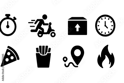 Delivery and fast food silhouette icon set: speed, route, fire, snack silhouettes