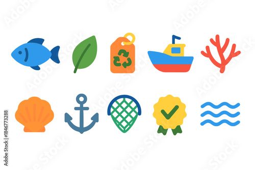 Marine, nautical flat icon set. Ocean, sea life, sustainability flat icons collection