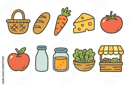 Farmers market flat icon set. Fresh produce and organic food icons collection.