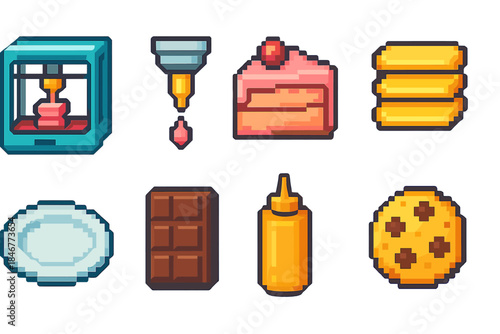 Pixel art icon set. Food, technology, 3d printing, desserts pixel collection