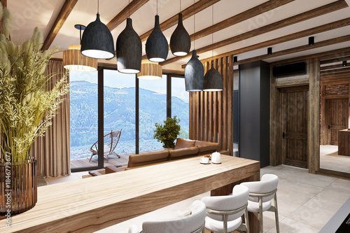 Living room with stone in an ethnic style interior in a mountainous area