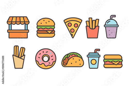 Food and drink flat icon set. Fast food, snacks, beverages, and restaurant icons collection