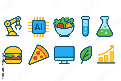 Technology and food flat icon set. Robotics, ai, science, food icons in flat style