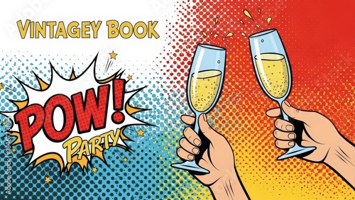 Pop Art Celebration with Champagne Glasses and Comic Book Elements.