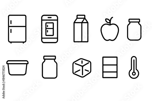 Kitchen appliances and food outline icon set. Essential kitchenware and food line symbols.