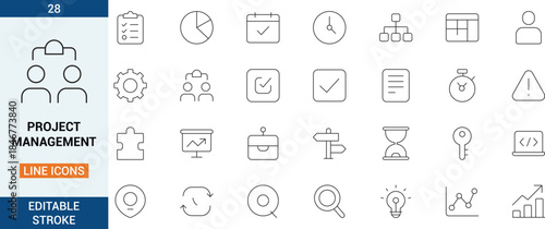 Project management line icons set with editable stroke, modern outline symbols for planning, teamwork, analytics, tasks, workflow, business dashboard, UI UX, web and app design.