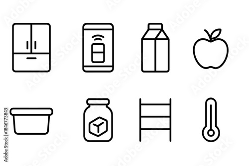 Household, kitchen outline icon set. Appliances, food, smartphone icons in simple line art