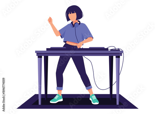 female DJ with short bob hair headphones works the mixing board raising one hand in a dynamic pose