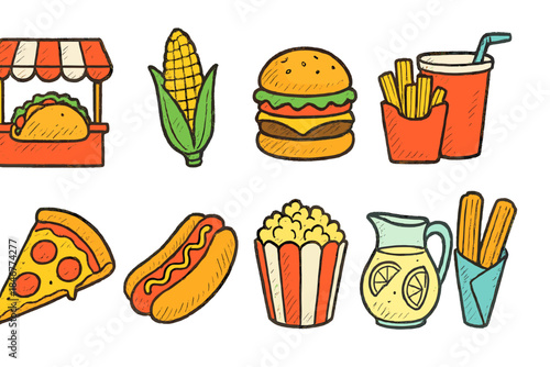Street food icon set in flat style. Snacks, beverages, and fast food flat icons