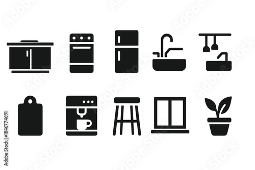 Kitchen appliances silhouette icon set. Home essentials, interior essentials silhouette collection
