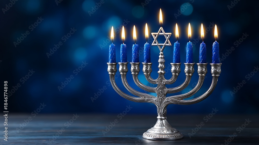 Fototapeta premium Hanukkah menorah hanukkah silver menorah with lit candle