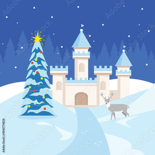 Winter landscape with a Christmas tree and a castle. Vector illustration.