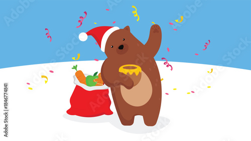 Cute brown bear in Santa Claus hat with a bag of food. Vector illustration.