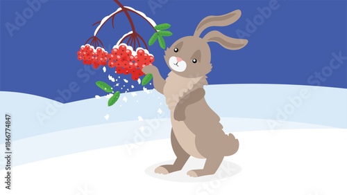 rabbit with rowan berry in the winter. vector illustration