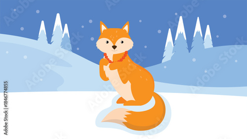 Cute fox on the snow in the winter forest. Vector illustration