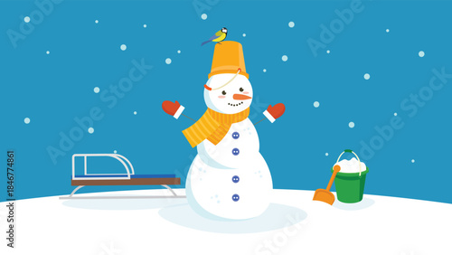 snowman with snow bucket and bird vector illustration, merry christmas