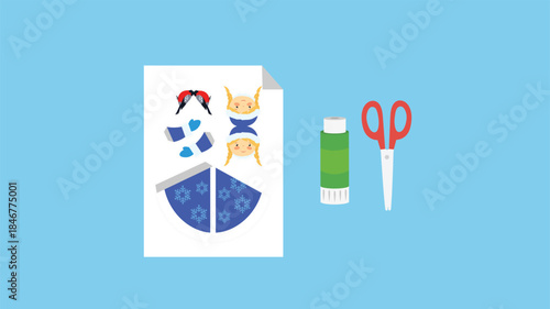Scrapbooking paper and scissors on blue background. Vector illustration.