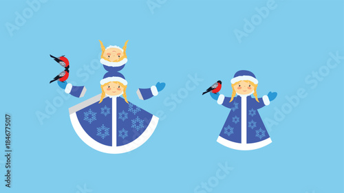Vector illustration of a boy and girl in winter clothes with birds on blue background