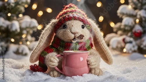 Funny knitted rabbit drinking cocoa from pink mug in snowy winter