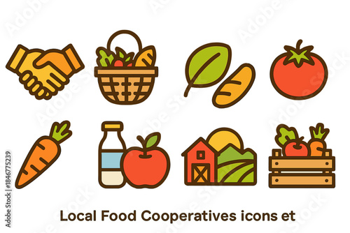 Local food cooperatives solid icon set. Agriculture, organic produce, community icons collection