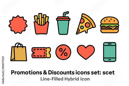 Promotions and discounts icon set: line-filled collection for marketing benefits