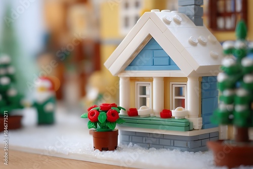 Festive lego winter village featuring cozy snowy buildings