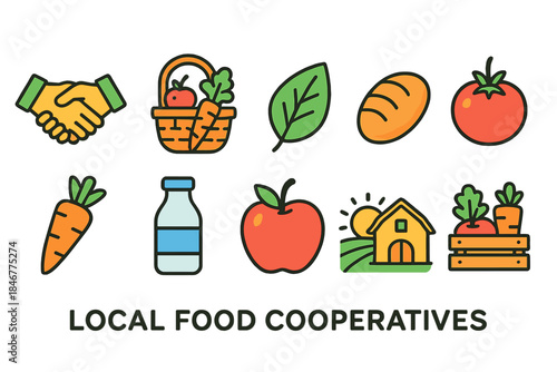 Local food cooperatives icon set. Fresh produce, farm icons in flat style collection