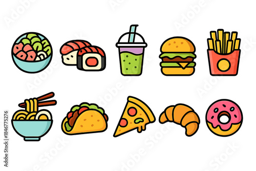 Food and drink icon set. Delicious flat icons of popular snacks and beverages